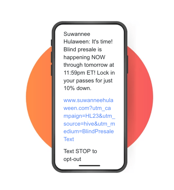 Hulaween mock text message alerting fans that the presale is happening now.