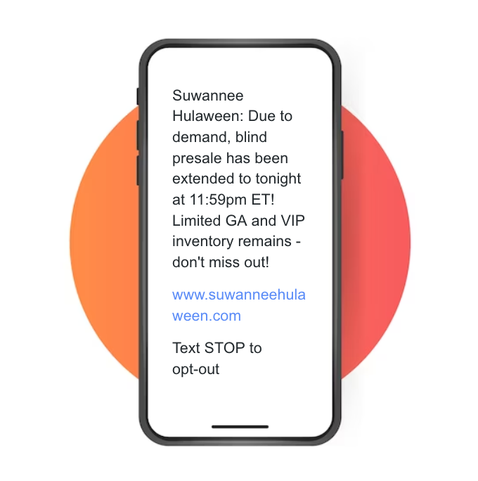 Hulaween mock text message alerting fans that the presale has been extended due to overwhelming demand.