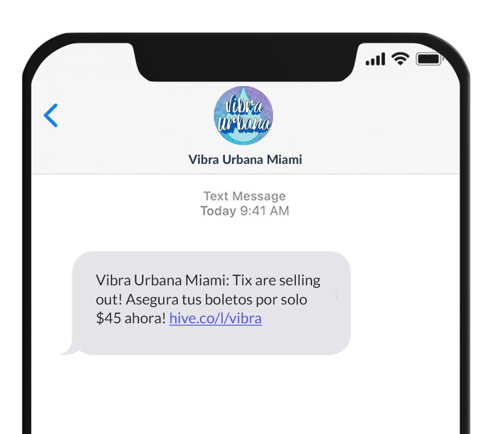 Vibra Urbana mock text message to tell fans tickets are selling out.