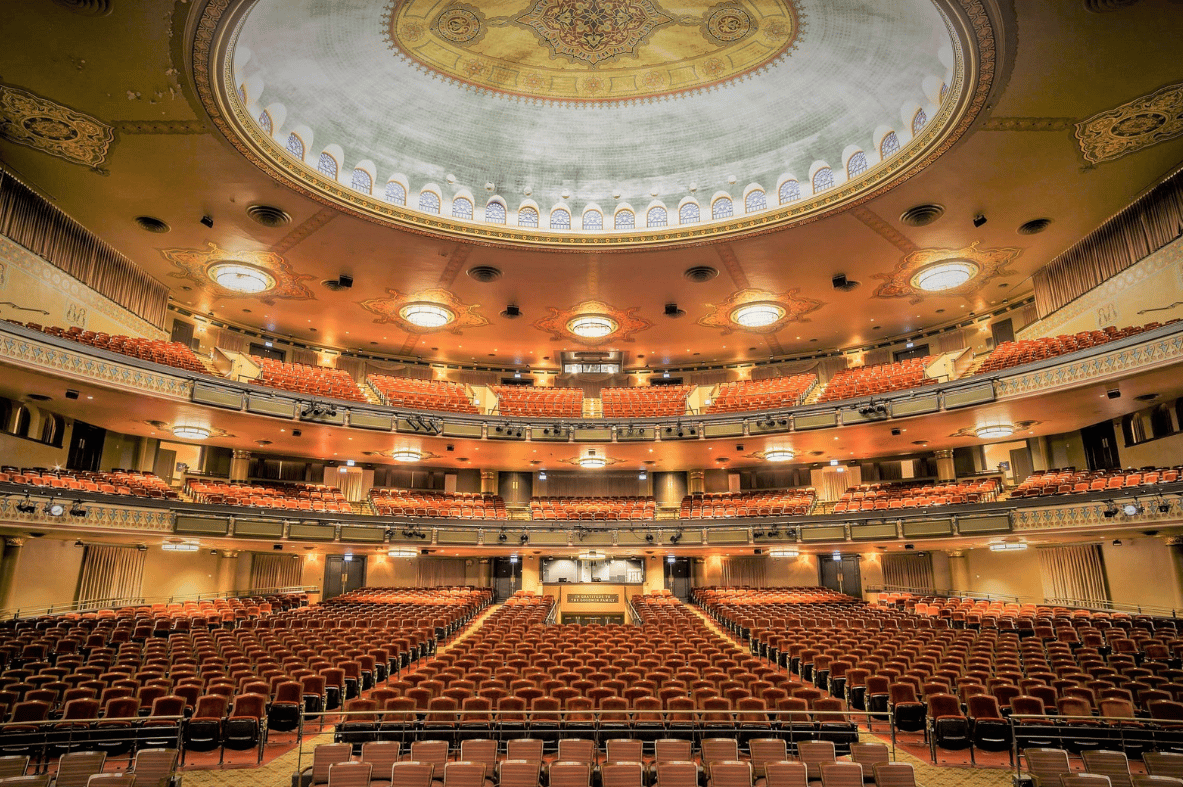 Interior of ASM Richmond's grand venue, featuring a stunning dome ceiling, ornate chandeliers, and multiple levels of seating.