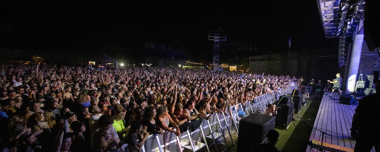 A large crowd at an outdoor concert enjoying a live performance under night sky lighting.