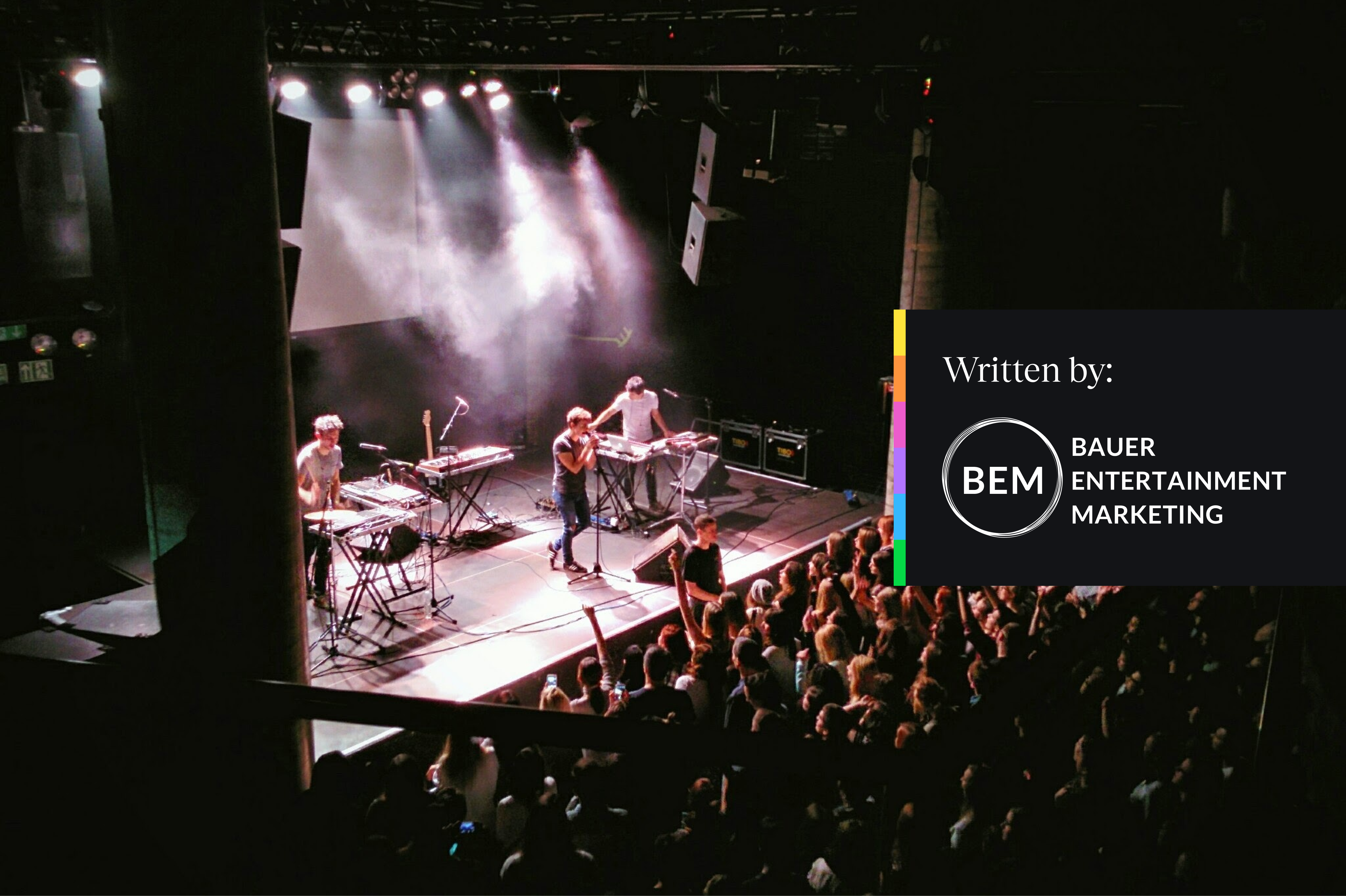 A live concert scene with a band performing on stage and an audience enjoying the music.